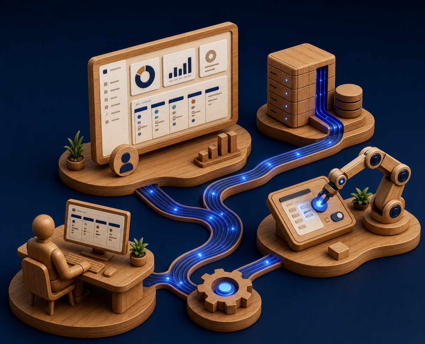 Isometric illustration of connected CRM workflows — a workstation, data pipeline, and automation nodes linked by a single glowing thread